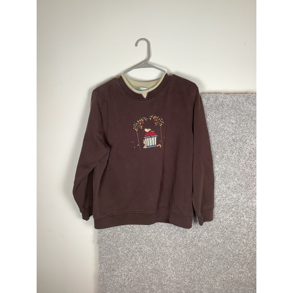 Shenanigans Vintage Brown Double Collar Cat Apple Basket Embroidered Sweatshir L